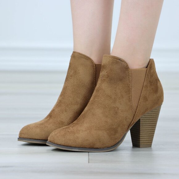 Tan Suede Ankle Boots Chelsea Pointed Toe Cone High Heel Booties - Picture 10 of 10